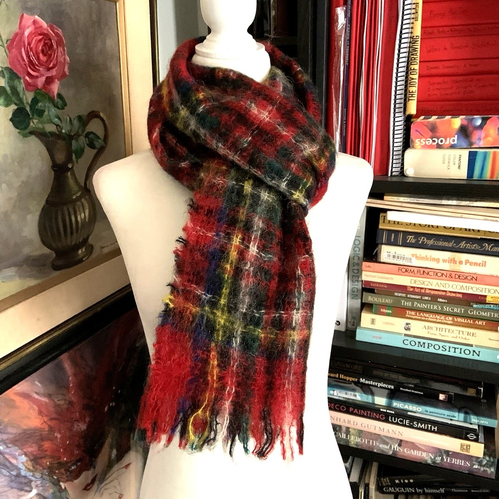 Red Tartan Plaid Mohair Scarf Made In Scotland Vintage EUC Cozy Rustic